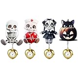 JewelryWe Halloween Krankenschwester Uhr Schwesternuhr: 4 Stück Gothic Skelett Totenkopf Mädchen Katze Krankenschwesteruhr Herz Einziehbar Taschenuhr Analog Quarz Pflegeuhr Ansteckuhr für Damen