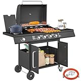 Outsunny Gasgrill 15,2 KW Grillwagen inkl 5 Edelstahl-Brenner Rolle Seitenkocher Druckminderer Gasschlauch Deckel Thermometer Seitenablagen, BBQ Gartengrill für Balkon, Grill 129,5 x 56 x 110 cm