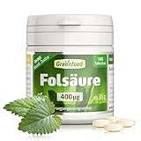 Folsäure, hochdosiert, 400µg - 180 Tabletten, vegan. Vitamin B9 (Folsäure) - wichtig für Schwangerschaft, Kinderwunsch und Wachstum. OHNE künstliche Zusätze - laborgeprüft. Von Greenfood.