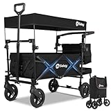 Sekey Faltbarer Bollerwagen mit Dach 2 Kinder, Bollerwagen Faltbar Kinder 150KG Tragkraft mit stoßfesten PU-Rädern, Handwagen mit Schiebegriff, Upgrade-Version TP5050, Schwarz