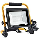 LED Baustrahler, 50W 5000LM Arbeitsleuchte, LED Arbeitsleuchte mit Stecker, IP66 Wasserdicht Baustrahler LED mit 4M Kabel, Tragbar Baustrahler für Werkstatt oder Baustelle,Garage, 6500K