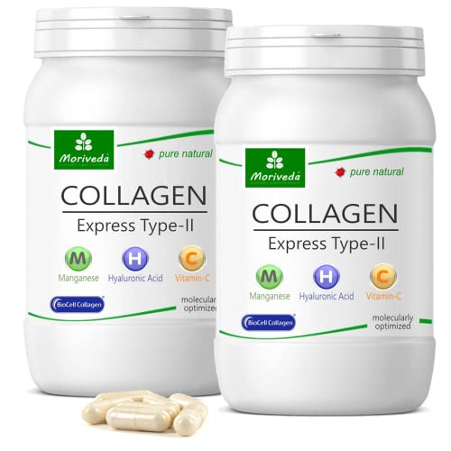 MoriVeda® Collagen Express Kapseln mit Biocell Collagen-II, Hyaluronsäure, Chondroitinsulfat, Vitamin-C & Mangan I für Haut, Haare & Gelenke I 2 Monatspackung 2x60 Kapseln