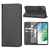 Handyhülle für Samsung Galaxy S21 5G Hülle mit Panzerglas Schutzfolie, Schutzhülle S21 Leder Wallet Kartenfach Standfunktion Stoßfest Klapphülle Hüllen Galaxy S21 6.2 Zoll Case Klappbar (Schwarz)