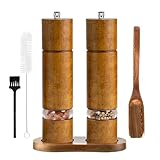 Uallsny Salz und Pfeffermühle Holz Gewürzmühle 2er Set mit Untersetzer Manuelle Pfeffer und Salzmühle Keramikmahlwerk Stufenlos Einstellbar Höhe: 21,5 cm