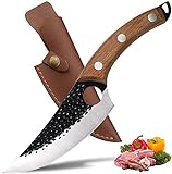 ZQD 6-Zoll Japanisches Messer mit Lederhülle,Geschmiedetes Kochmesser Küchenmesser mit Fingerloch Holzgriff,Scharfes Ausbeinmesser Outdoor Hackmesser für Gemüse und Fleisch