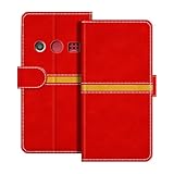 ESACMOT Leder Wallet Case Kompatibel mit Doro 1381 Horizontal Streifen Flip Cover Schutzhülle mit Kartenfach Magnetverschluss (Rot)