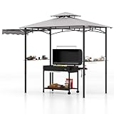 GOPLUS Grillpavillon, Grill Pavillon mit Seitenmarkise, Doppeldach, 2 Ablagen, 6 Haken & Flaschenöffner, Grillunterstand wetterfest, BBQ Pavillon für Outdoor Garten Hof, 326x153x250 cm (Grau)
