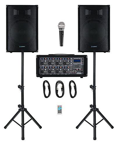 McGrey BP-215 Bandpack PA-Anlage - 8-Kanal Powermixer - digitaler Hall - Bluetooth - USB/SD-Slot - 2-Wege-Lautsprecher mit 15' Woofer und Horn - Inklusive Mikrofon, Stative und Kabel - 150 Watt