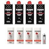 Zippo Zubehör Set: Original Zippo 4 X Feuerzeugbenzin, 4 Set Feuersteine,1 x Feuerzeug Okaei