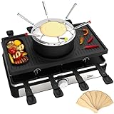 Raclette Grill mit Fondue Set | Raclette Gerät | 8 Personen | Tischgrill | Party Grill | Elektro Grill | Raclettegrill | Massive Naturstein- und beschichtete Grillplatte | Heizelement aus Edelstahl