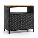 COSTWAY Gartenschrank Rattan, Terrassenschrank mit Akazienholz-Arbeitsplatte, offenem Fach und Doppeltür, Outdoor Aufbewahrungsschrank für Garten, Terrasse, 90 x 53 x 86 cm (Schwarz)
