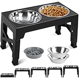 Romicta Erhöhte Futterstation für große Hunde, 5-Fach höhenverstellbar, inkl. 2 * 1200ML Edelstahlnäpfen und 1 * 800ML Langsamfutternapf