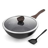 Kordisen Wokpfanne induktion, 30 cm Wok mit Deckel, Aluminiumguss, Beschichtung in Steinoptik, kompatibel mit allen Herden, PFOA-frei, Schwarz
