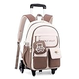 IvyH Schulrucksäcke Trolley für Kinder, Rucksack Teenager Schulranzen Mädchen mit 6 Räder Trolley Schultaschen für Grund- und Mittelschule (Braun)