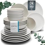 Steingut Geschirrset 6 Pers. Hygge 24-tlg Hochwertiges Skandinavisches TEST SEHR GUT Steingut Geschirr Set - Schüssel- und Teller Set - Tafelservice 6 Personen Geschirrsets Pure Living in Hellgrau
