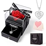 Handgefertigte konservierte Rosen schmuck-Geschenk Box mit Herz Halskette und Grußkarte, Ewige Rose Geschenke für Valentinstag Muttertag Hochzeit Thanksgiving Jahrestag Geburtstag, Geschenk für Frau