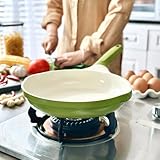 XIUWOUG Keramik Bratpfanne, Edelstahlpfanne Unbeschichtet, Ofenfest Steakpfanne Kochpfanne Für Alle Herdarten I Induktionspfanne, Edelstahlpfanne Für Omelett-Kochen,Grün,28cm