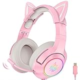 Gaming-headset Pink, Niedliches Katzenohr-headset, 7.1-surround-sound-gaming-headset Mit Einstellbarer Geräuschunterdrückung, Led-licht, Einziehbarem Mikrofon Und Abnehmbarem Katzenohr