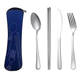 Hlennotor 4-Teiliges Set Tragbarer, Steakmesser-Set, Essbesteck, Tischbesteck mit Tasche, Dunkelblau