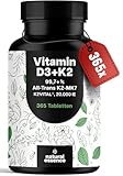 Vitamin D3 K2 hochdosiert – 365 Tabletten mit 20000 IE – Premium K2Vital® 99,7+% All-Trans K2-MK7 - Vitamin D ohne Zusätze - produziert in Deutschland XXL Family Packung