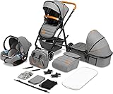 LIONELO Amber Kinderwagen 3 in 1 Kombikinderwagen Set sportlicher Sitz fester Babywanne Autositz Tasche Moskitonetz Regenschutz XXL-Dach mit Sonnenschutz (GRAU)