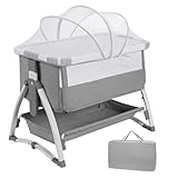 Beistellbett Baby 4 in 1, Wiege, Babybett mit Weich Matratze, Reisetasche, Moskitonetz, Tragbare Babybett mit 7 Verstellbaren Höhen für Neugeborene bis 6 Monate, Grau