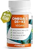 Omega-3 vegan + D3 & K2 (60x), 1100mg Algenöl mit 600mg DHA & 300mg EPA + 1000 IE Vitamin D3 + 40 µg Vitamin K2 - O3 D3 K2 vegan Essentials - Omega-3 Kapseln hochdosiert, bioverfügbar & laborgeprüft