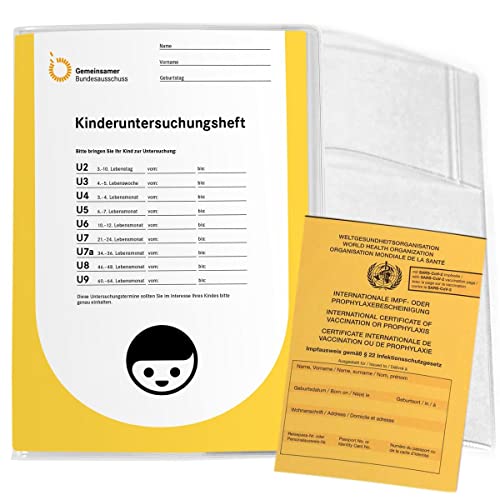 Mikalino Uheft Hülle für das gelbe Untersuchungsheft Transparente U-Heft Schutzhülle aus Kunststoff mit Fach für Impfpass Uhefthülle mit 3 Fächern für Krankenkassenkarte, Grösse:5 Stk.
