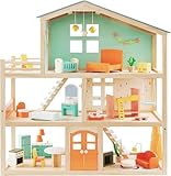 Giant bean Holzpuppenhaus Spielset für Mädchen mit 32 Möbelzubehörteilen, Spielzeuggeschenk für Kinder & Kleinkinder ab 3 Jahren, Set 76 cm Hoch mit Terrasse