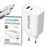 STYLIZER Ladegerät 20W mit USB-A & USB-C, Schnellladendes Ladekabel 1 m, Ladekabel universelles Set für Smartphone, Tablet & mehr, Schnellladegerät 3000 mA, Schnellladestecker in Weiß
