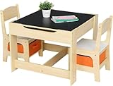 LEADZM Kindertisch mit 2 Stühlen, Kindertisch Maltisch für Kinder 3tlg Kindersitzgruppe aus Holz Kinder Tisch Stuhl Set Malttisch Tischplatte mit Tafel…