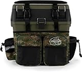 Angelkoffer Angelbox Angeltasche gepolsterte Sitzkiepe Sitzfunktion Gerätekasten mit Rucksackfunktion und aufgesetzen Taschen - inklusive 4 Tackle-Boxen für Angelzubehör Farbe Digital Woodland