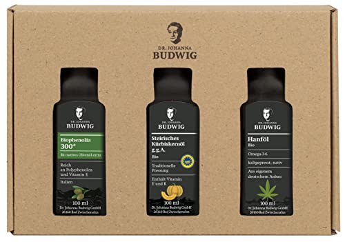 Dr. Budwig Probierpaket (3x 100 ml) enthält 1x Steirisches Bio-Kürbiskernöl g.g.A., 1x Biophenolia 300+ Bio-Olivenöl, 1x Bio-Hanföl, Geschenk-Idee