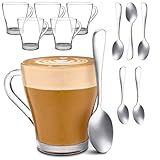 Cosumy 6 Cappuccino Gläser mit Henkel und Löffel - 250ml - Hält lange warm - Ideale Größe für Kaffeevollautomaten - Spülmaschinenfest