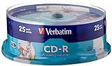 Verbatim CD-R AZO Wide Inkjet Printable 700 MB, 25er Pack Spindel, CD Rohlinge, 52-fache Brenngeschwindigkeit mit langer Lebensdauer, leere CDs bedruckbar, Audio CD Rohling