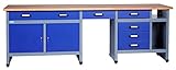 Küpper Werkbank 12287 ultramarinblau, 240x84x60cm, 6 Schubladen, 2 Türen, 300 kg Traglast, 30 mm massive Buchenarbeitsplatte