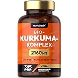 Curcuma Kapseln Hochdosiert 2160 mg | Bio Turmeric Komplex mit Ingwer und Schwarzem Pfeffer | 365 Vegane Kapseln | von Horbaach