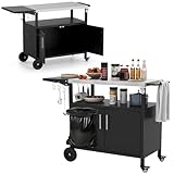 KOMFOTTEU Grillwagen mit Arbeitsplatte aus Edelstahl, Servierwagen mit klappbarer Tischplatte, Grilltisch mit Schrank, 6 Haken, Müllsackhalter & Griff, für Picknick, Party, 127 x 50 x 84 cm
