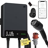 dé Typ 2 Wallbox 11kW mit APP und RFID, 6-16A 3-Phasen EV-Ladegerät 400V mit 5m Ladekabel und Kabelhalter für BEV/PHEV, RCD Typ-B & IP54-Schutz, effiziente Ladestation für Zuhause, schwarz