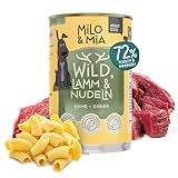 Milo & Mia - Adult Nassfutter für Hunde, ausgewogene Tierarztrezeptur in Lebensmittelqualität, durch hochwertige Proteine sehr sanft zu Magen & Darm, natürliche Zutaten: Wild, Lamm & Nudeln (6x400g)