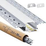 HOOLED 30 x LED Aluminium Profil 2m – U-Form Lichtdiffusor - Schiene -Kanal - mit milchiger Abdeckung – LED Trockenbauprofil Set mit Endkappen – Alu Leiste für Streifen Lineare Beleuchtung