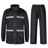 Lucykone Herren Regenanzug Reflektierender 100% Wasserdichter Anzug Outdoor Regenmantel Winddicht Regenjacke, Schwarz, L