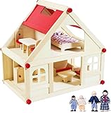 Izzy Holzpuppenhaus mit 2 Etagen, 4 Puppen und 9 Möbelstücken | Tragegriff (Kinder-Puppenhaus mit 2 Etagen, Möbeln und Zubehör) - (38 x 27 x 39 cm)
