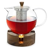 GLASWERK Teekanne mit Stövchen (1,3L) - Teekocher mit Teesieb und Stövchen aus Holz und Borosilikatglas - Teebereiter Glaskanne mit Deckel und edlem Teestövchen mit Kanne