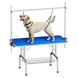 MBBTAG Höhenverstellbarer Trimmtisch für Hunde/Katzen Klappbar, rutschfeste Oberfläche mit Schlingen und Netzkorb, Hundepflegetisch, Hundefriseur Tisch, Max 150kg Traglast(Blau)