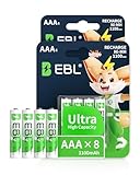 EBL AAA Akku 1100mAh mit hoher Kapazität, AAA wiederaufladbar Batterien,1.2V Micro AAA, 8er Pack