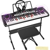 Newfulam Keyboard Piano 61 Tasten, Digital Keyboard E-Piano Kit mit Notenaufkleber, Klavierbank, Kopfhörer, Mikrofon, Klavierständer,Lehrmodus, Kinder Elektronisches Keyboard (Klassisch Schwarz)