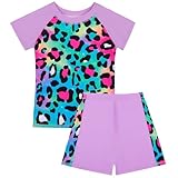 Generisch Badeanzug Mädchen Bikini Kinder Badebekleidung Badeanzug für Kinder Mädchen kurzärmelig Bademode und Shorts Leoparden-Herz-Print Badeanzug-Set Schwarz 46 (Light Purple 10-12 Years)