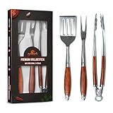 grillart® Premium Grillbesteck Set, 3-teilig aus hochwertigem Edelstahl und edlen Holzgriffen – Grillzange, Grillwender und Grillgabel mit extra langem Griff – das ideale Grillzubehör