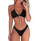 DOULAFASS Damen Bikini Set Sexy Bikini Brazilian Style Niedriger Taille String Triangel 2tlg Bikini Schwarz S